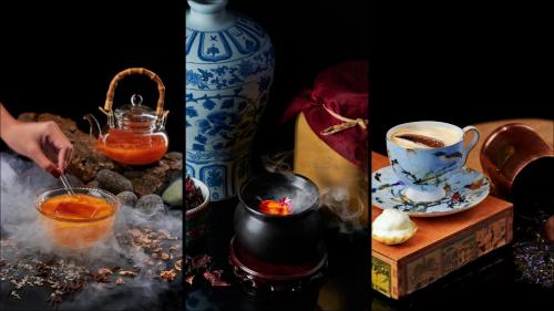two pictures of a table with tea and a vase at Swissotel The Stamford Singapore in Singapore