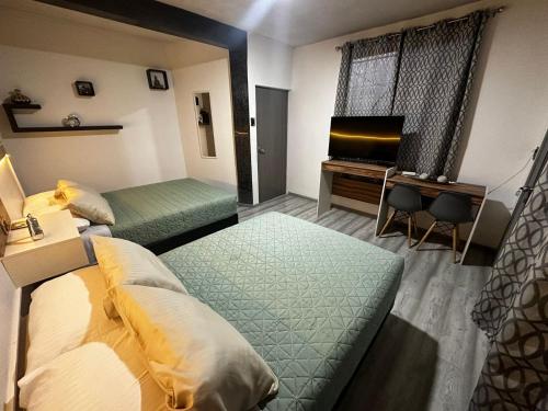 een hotelkamer met 2 bedden en een flatscreen-tv bij Casa Marín in Oaxaca City