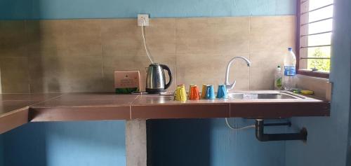 a kitchen counter with a sink and a coffee maker on it at La Felicita in Mannar