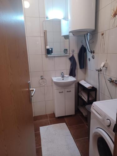La petite salle de bains est pourvue d'un lavabo et d'un lave-linge. dans l'établissement Cozy corner by the sea, à Bijela