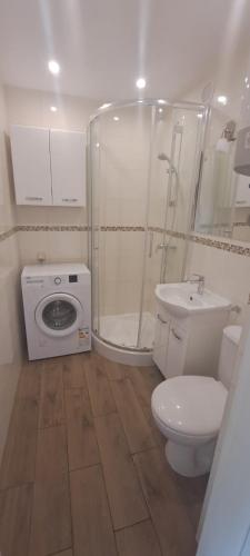 a bathroom with a shower and a toilet and a sink at Apartament Barcelona in Kłodzko