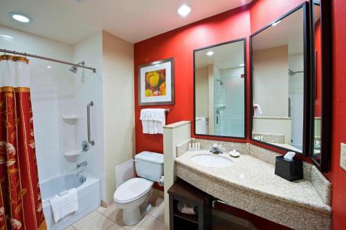a bathroom with a toilet and a sink and a mirror at Courtyard by Marriott Ottawa East in Ottawa