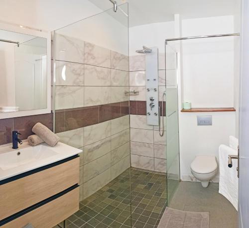 a bathroom with a shower and a sink and a toilet at Studio mitoyen avec piscine partagée - Résidence Plaiz'Anse in Petite Île