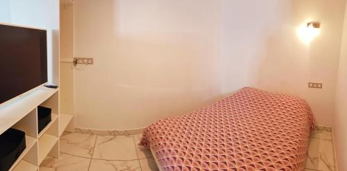プティット・イルにあるStudio mitoyen avec piscine partagée - Résidence Plaiz'Anseのベッド1台とテレビが備わる小さな客室です。