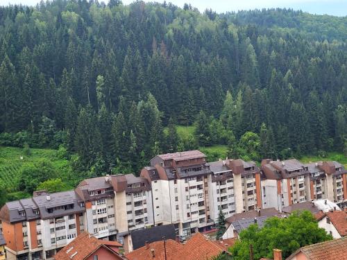 a group of apartment buildings in front of a mountain at Apartman Ana in Nova Varoš