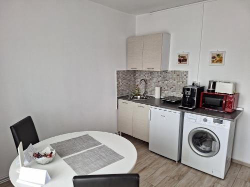 クルジュ・ナポカにあるFARMEC Apartamentのキッチン(テーブル、洗濯機付)