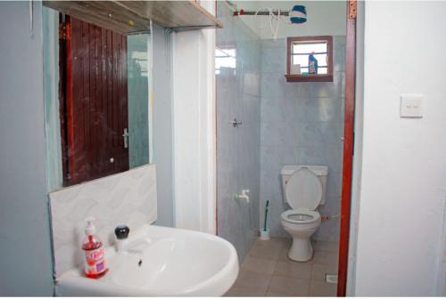 a bathroom with a white sink and a toilet at Emap Homes- Silver Studio in Kilifi