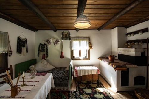 une chambre avec deux tables et une fenêtre dans une pièce dans l'établissement Bucovina Lodge Pension, à Vama