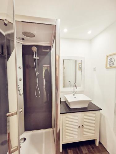 une salle de bain avec un lavabo et une douche dans l'établissement La Maison des Biscuits, à Loubaresse