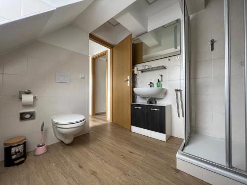 a bathroom with a toilet and a sink at Apart Pension Plaue in Brandenburg an der Havel