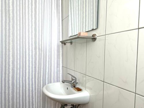 a bathroom with a sink and a mirror at Schlafmütze in Plauen