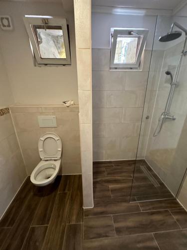 a bathroom with a toilet and a shower at Apartments & Room - Korzo in Sombor