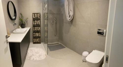a bathroom with a shower and a toilet and a sink at The Roundhouse in Paleo Tsifliki