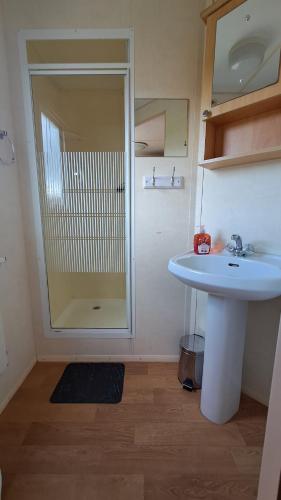 a bathroom with a sink and a glass shower at Letniaczki ABI in Rydzewo