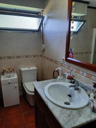 a bathroom with a sink and a toilet and a mirror at Casa de verano La Gaviota en Asturias in Villaviciosa