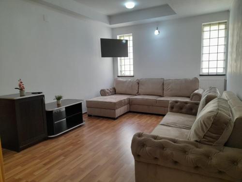 Una sala de estar con un sofá y un televisor. en Pensiunea Gil, en Predeal