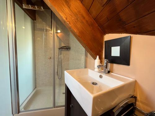 uma casa de banho com um lavatório e um chuveiro em B50 - Ático Coma De Alba - Villmor em Benasque