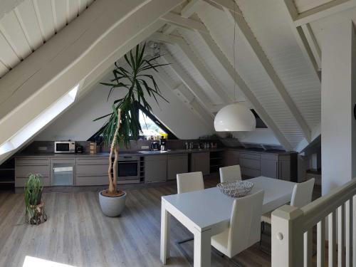 a kitchen with a white table and a potted plant at Ferienhaus Luise Urlaubslust Trassenheide in Trassenheide