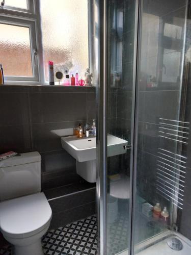 a bathroom with a shower and a toilet and a sink at White Hart Lane walking distance Tottenham Hotspur Stadium in London