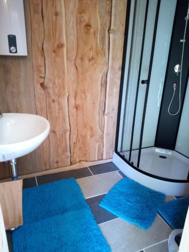 La salle de bains est pourvue de 2 tapis bleus et d'un lavabo. dans l'établissement Kleines Hüttchen., à Lenzing