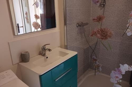 a bathroom with a sink and a shower with a mirror at Les Glycines in Saint-Pierre-de-Buzet