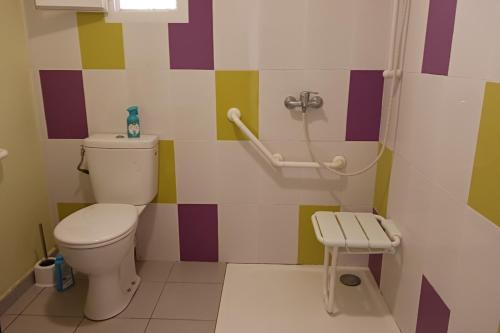 a bathroom with a toilet and a colorful wall at Les Véroniques in Saint-Pierre-de-Buzet