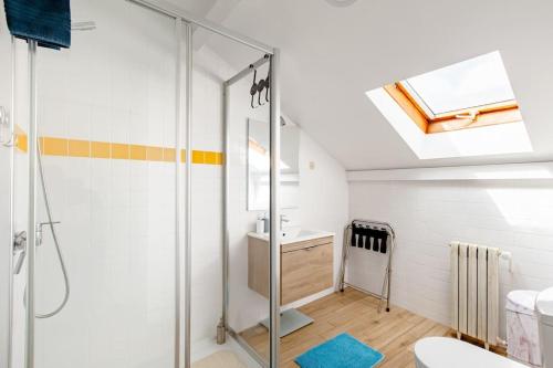 uma casa de banho com um chuveiro e um lavatório. em skyaccommodations Studio 3+ kitchen and double bed em Coimbra