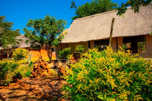 une maison avec un toit de chaume et un jardin dans l'établissement iroCK Lodge, à Victoria Falls