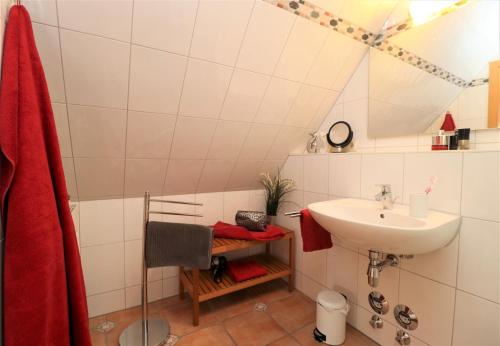 a bathroom with a sink and a mirror at Alter Krug App 25 in Wieck