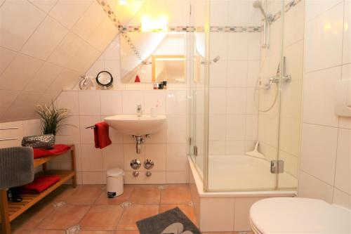 a bathroom with a shower and a sink and a toilet at Alter Krug App 25 in Wieck