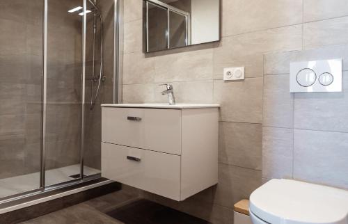 une salle de bain avec toilettes, lavabo et douche dans l'établissement IMMODREAMS - Le Proclou, à Morzine