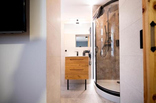 W łazience znajduje się umywalka i prysznic. w obiekcie Aparthotel Krzywa w mieście Katowice