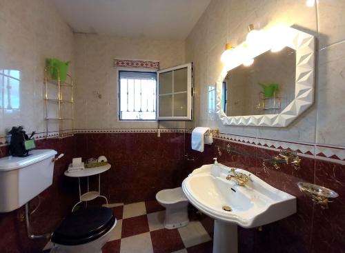 W łazience znajduje się umywalka, toaleta i lustro. w obiekcie Gran apartamento a 55 min de Madrid confort, calidad & salón de tertulias w mieście Segovia