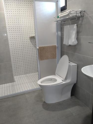 a bathroom with a toilet and a shower and a sink at 里Mi背包青旅 Hostel in Fuli