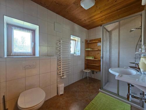 ein Bad mit einem WC, einem Waschbecken und einer Dusche in der Unterkunft Haus Lentsch in Kaunerberg