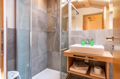 uma casa de banho com um chuveiro e um lavatório. em Villa Solinda App Puccini em Selva di Val Gardena
