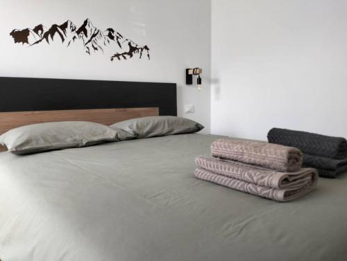 een slaapkamer met een bed met handdoeken erop bij Camera con bagno privato in Tesero