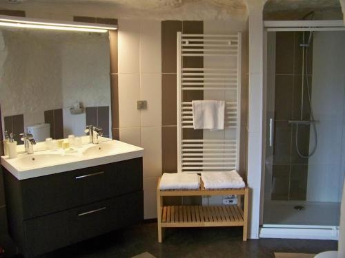 a bathroom with a sink and a shower at Logis Hôtels Troglododo in Azay-le-Rideau