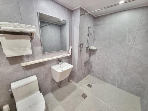 y baño con aseo, lavabo y ducha. en LEX Tourist Hotel en Seúl