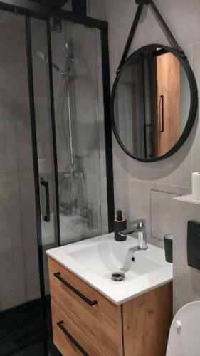 a bathroom with a sink and a shower with a mirror at Apartament Portowa OSTOJA in Gdańsk