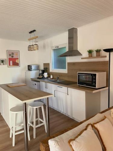 une cuisine avec une table et un comptoir dans l'établissement Le Clos des Bambous, à Saint-Martin-lez-Tatinghem