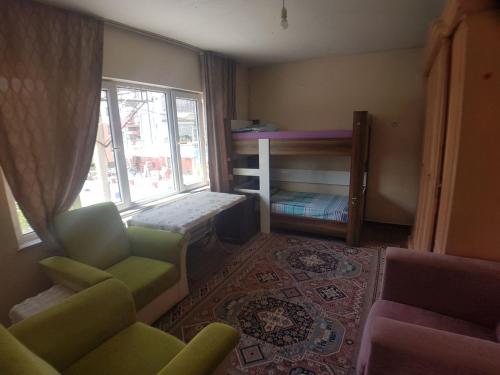 sala de estar con sofá, silla y cama en Furnished rooms for students and youth, en Sivas