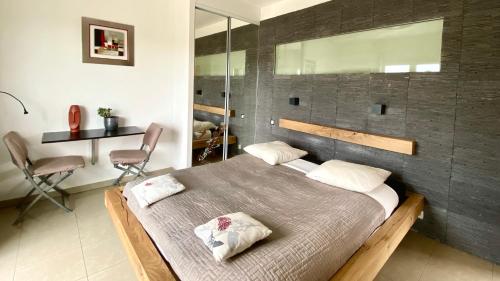 Chambres d'hôtes - Villa CARPE DIEM TOLOSA في Vieille-Toulouse: غرفة نوم بسرير كبير عليها وسادتين