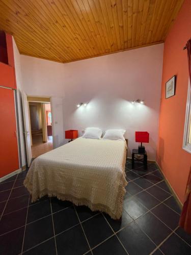een slaapkamer met een bed in een kamer met oranje muren bij Andapamanitra Résidence in Antananarivo