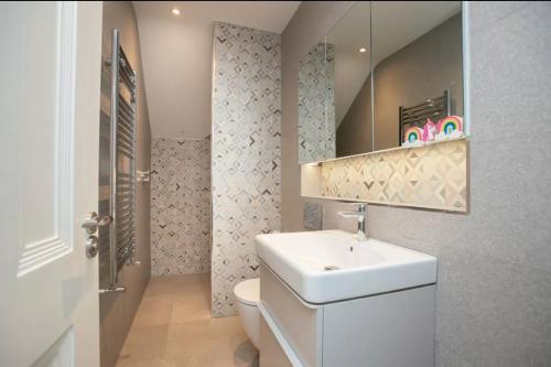 a bathroom with a sink and a toilet and a mirror at Louth Village Wedding Accommodation with Gym B&B in Lubhaidh