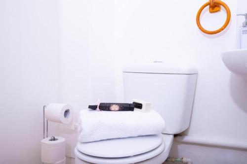 a bathroom with a white toilet with towels on it at Inviting 1-Bed Apartment in London near Hotsput in London