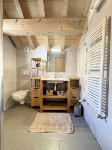 une salle de bain avec toilettes et lavabo dans l'établissement Chalet La Galise, à La Toussuire