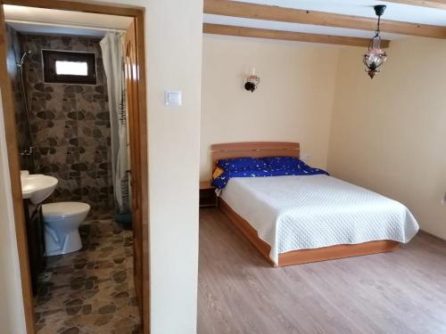 um quarto com uma cama e uma casa de banho com um lavatório em La cascada Sipot em Merişor
