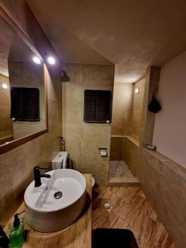 a bathroom with a sink and a shower at Neoclassical Samos House Nafsika in Samos