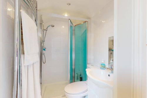 ein Bad mit einer Dusche, einem WC und einem Waschbecken in der Unterkunft Pen Y Bryn in Llanrwst
